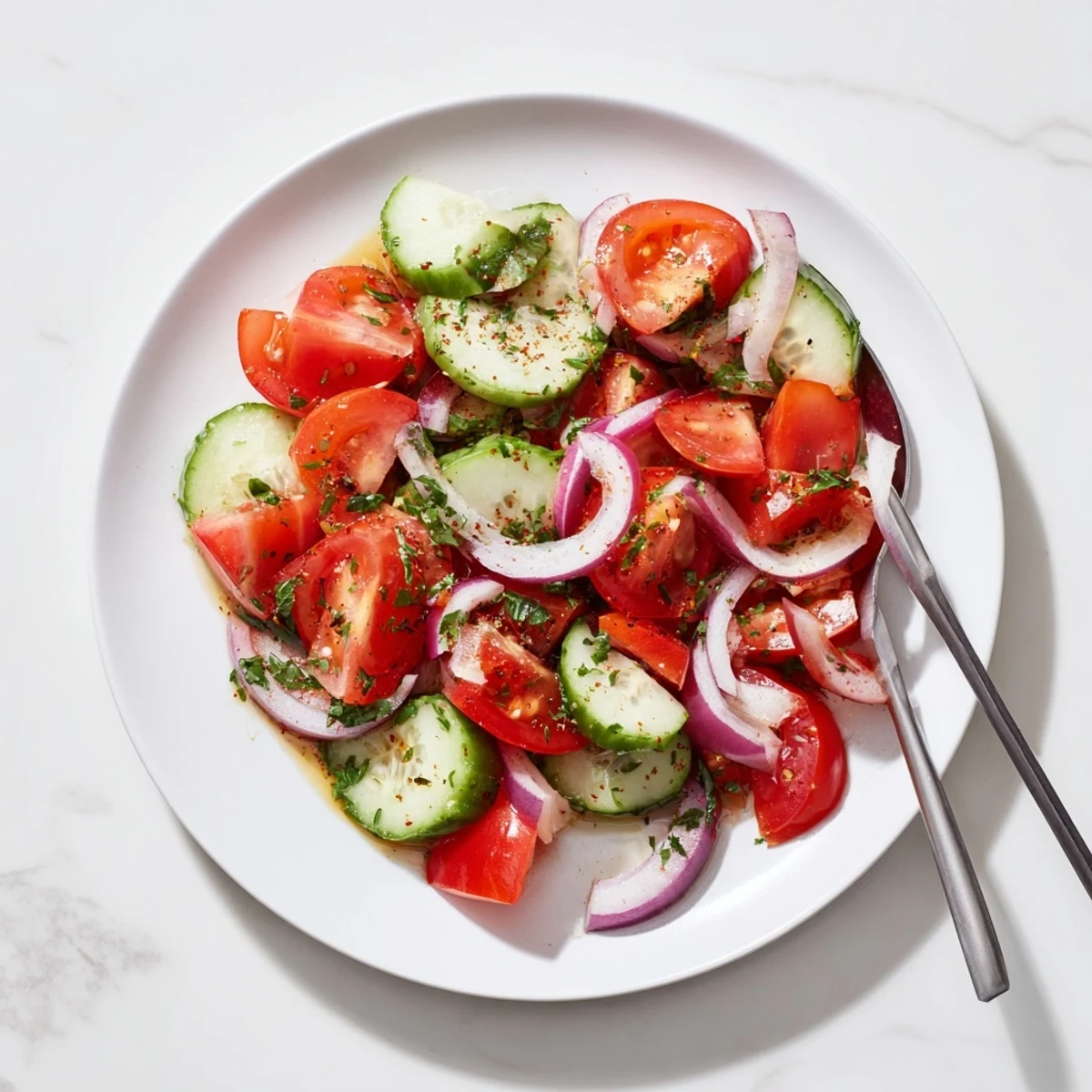 Crisp tomato cucumber onion salad featuring ripe produce drizzled with olive oil dressing and parsley