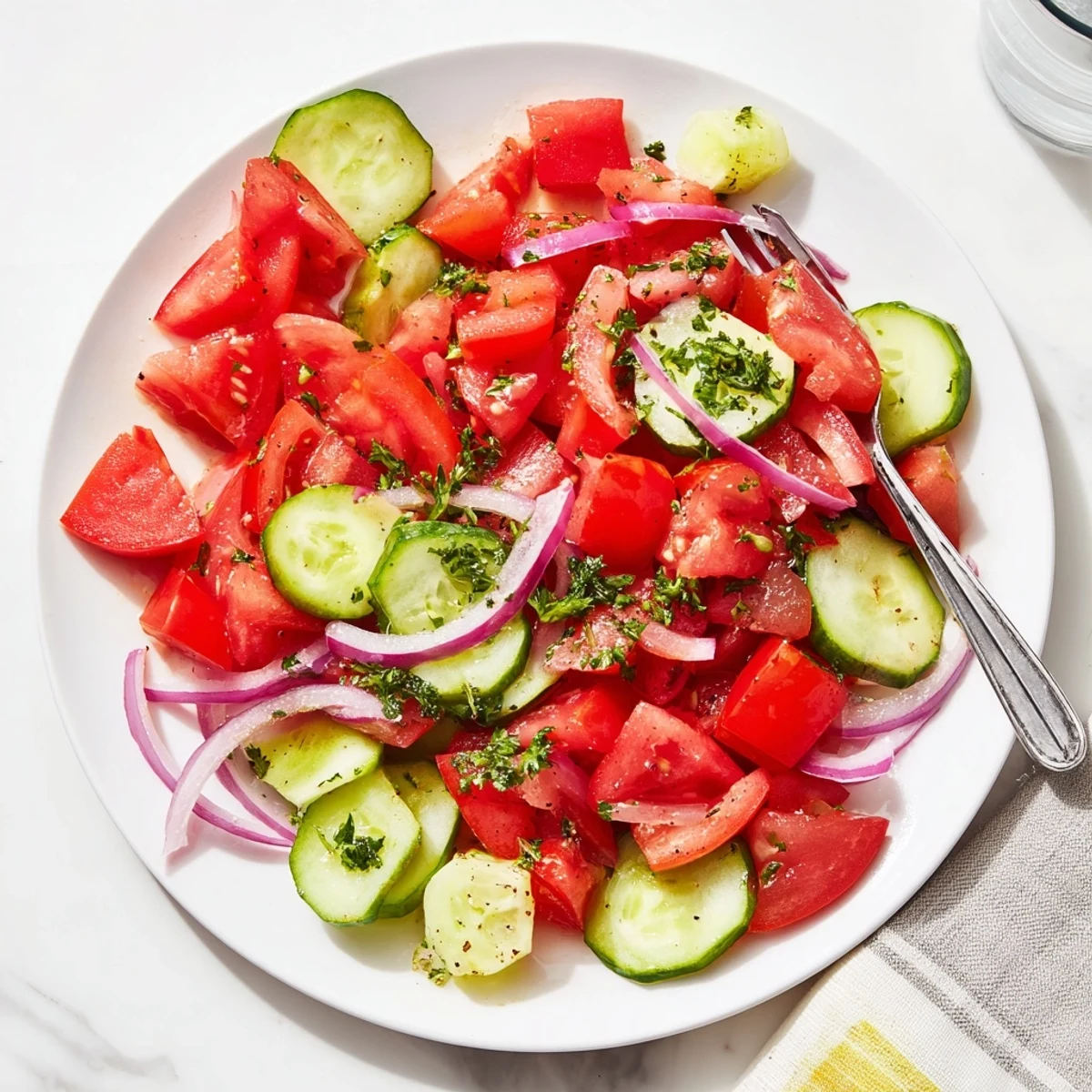Summer tomato cucumber onion salad arranged in a white bowl with tangy vinaigrette coating
