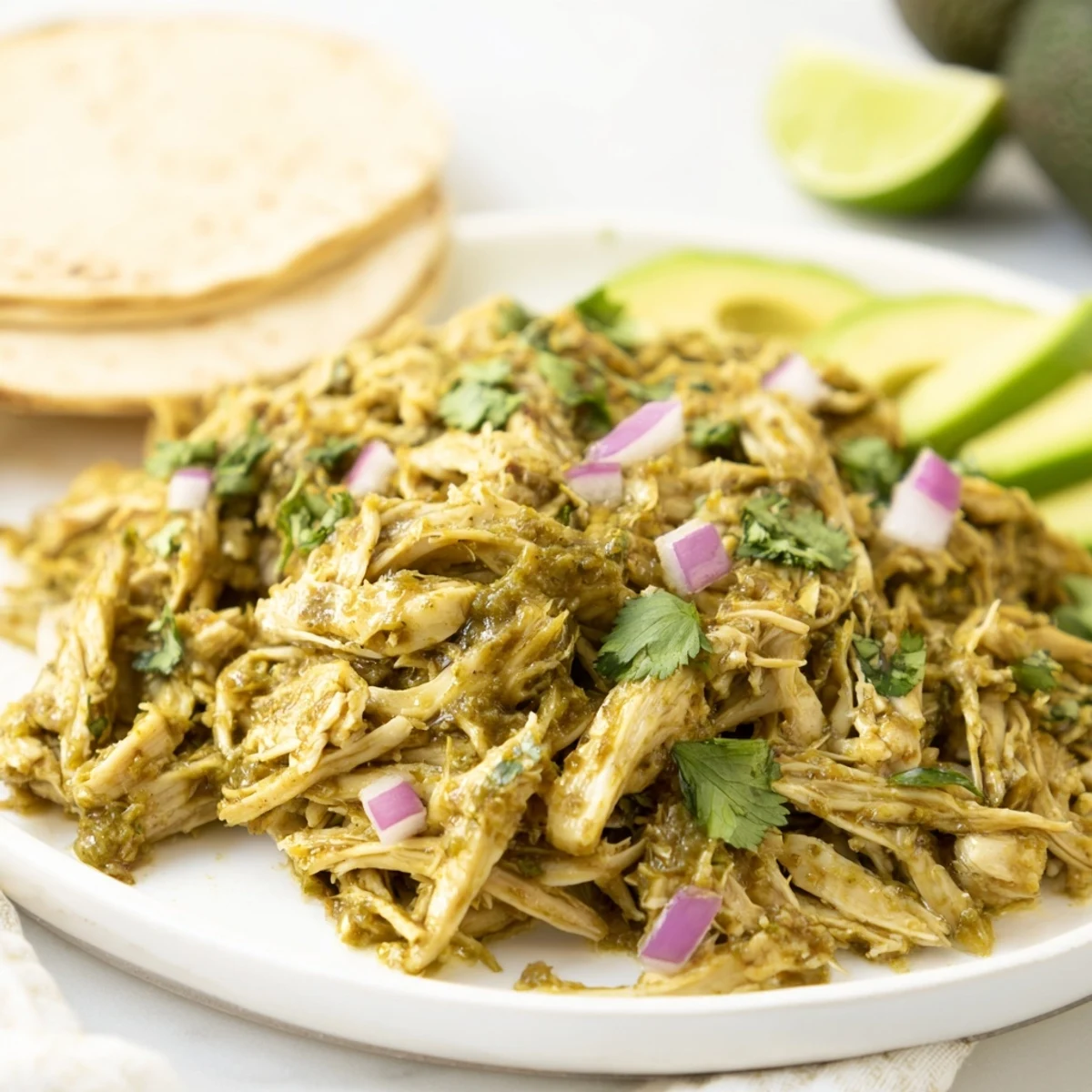 Tender shredded salsa verde chicken nestled in warm corn tortillas with fresh toppings