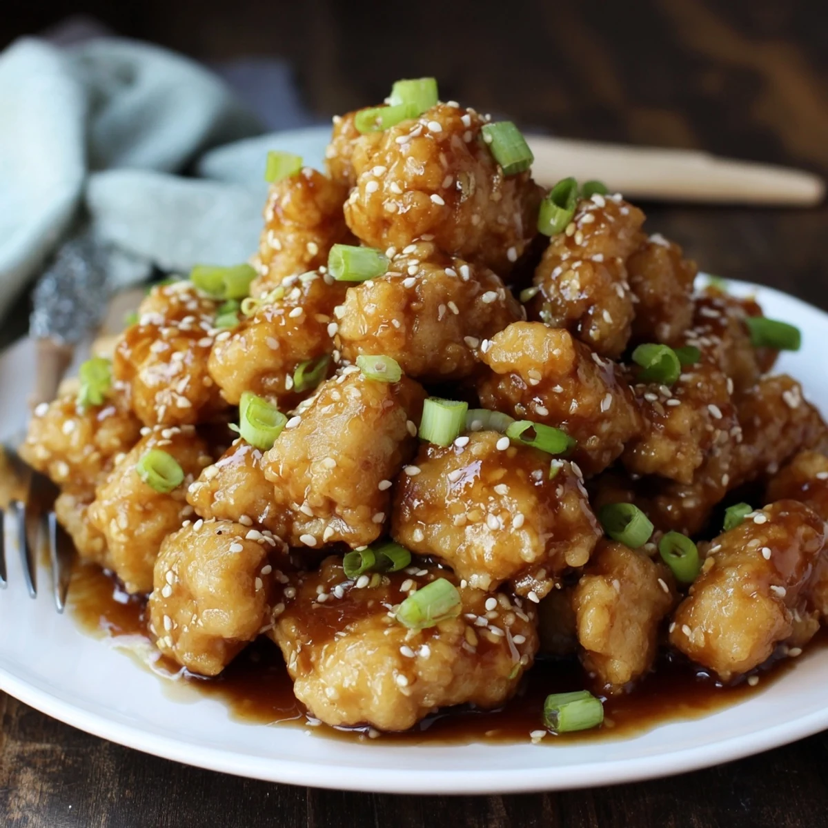 Golden honey chicken pieces coated in a sticky glossy glaze with sesame seeds
