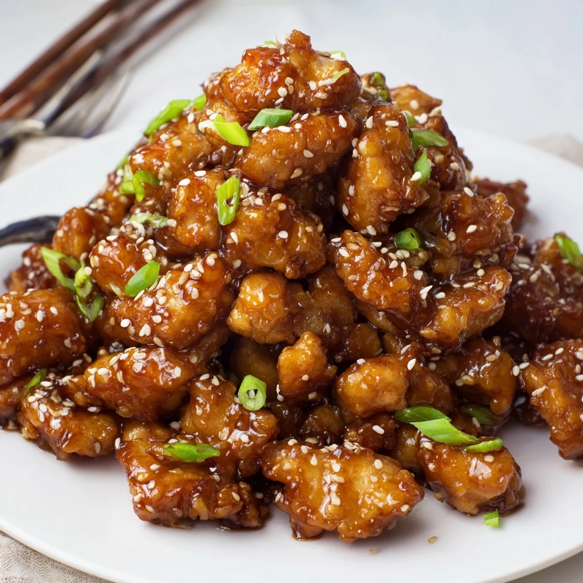 Tender chicken simmered in sweet honey garlic sauce garnished with fresh green onions