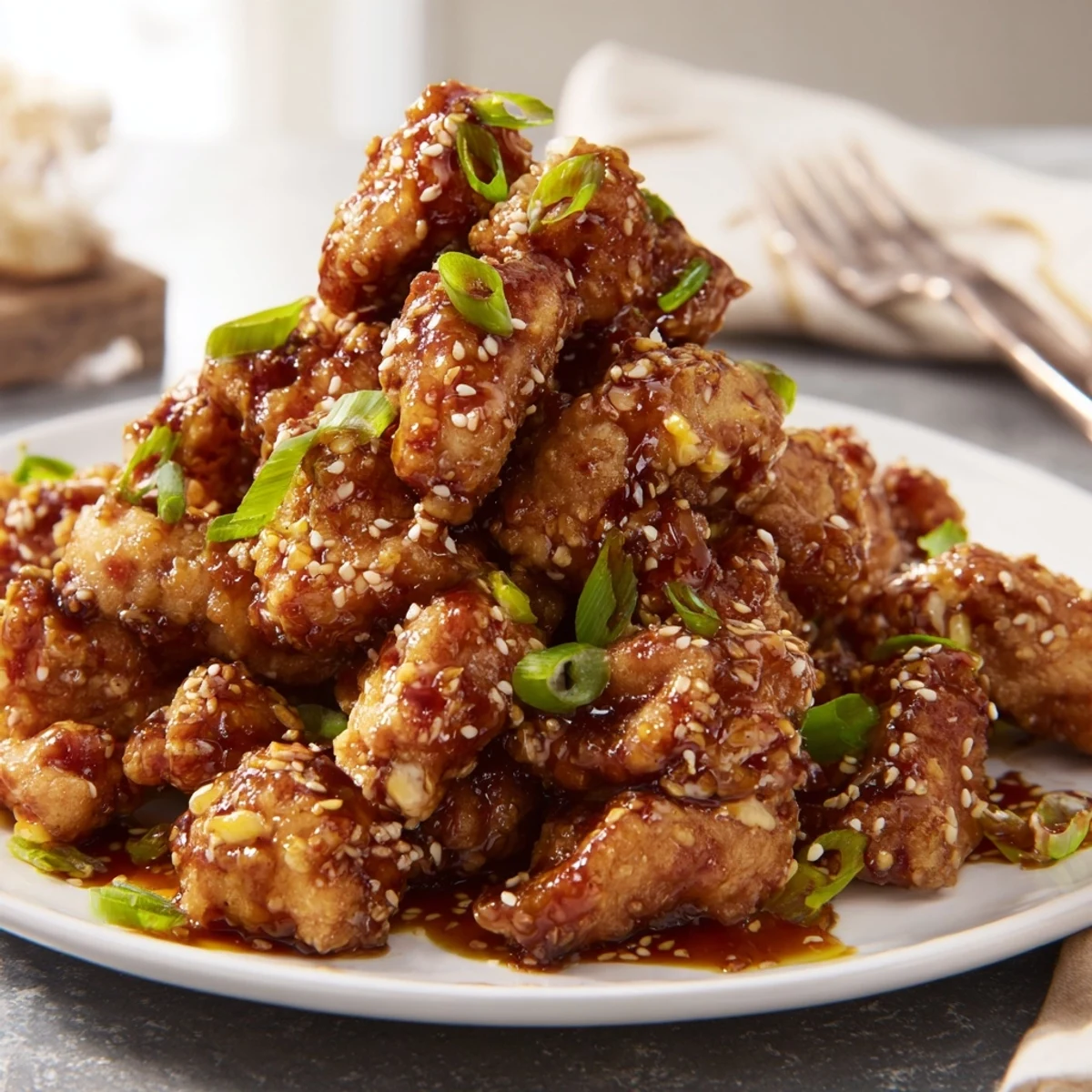 Asian-inspired honey chicken with caramelized coating served over fluffy white steamed rice