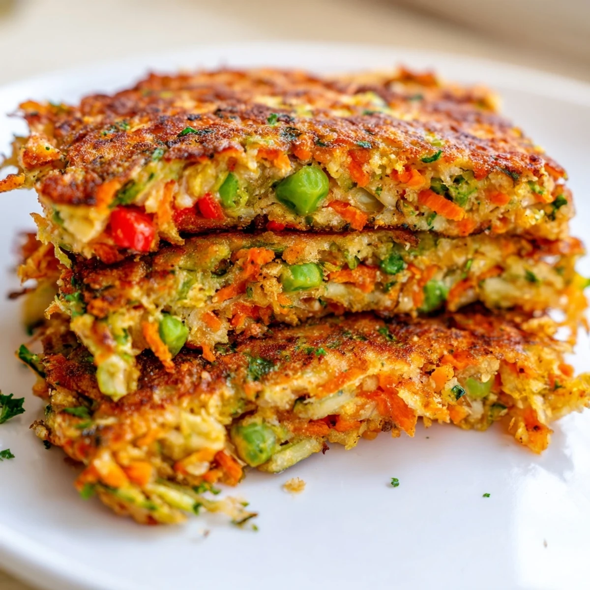 Golden crispy vegetable fritters served on a white plate with fresh herbs