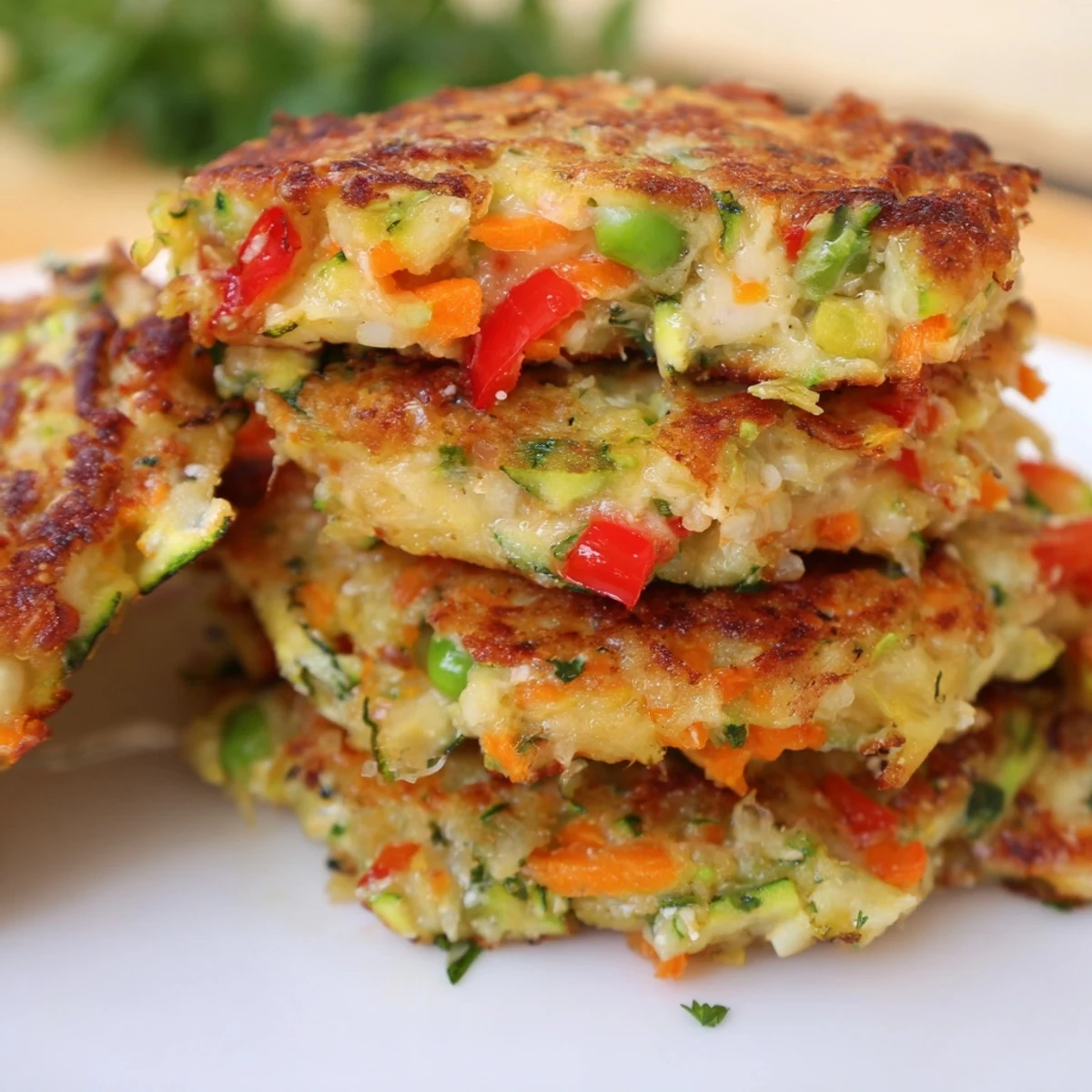 Plate of crispy vegetable fritters garnished with parsley and ready for dipping