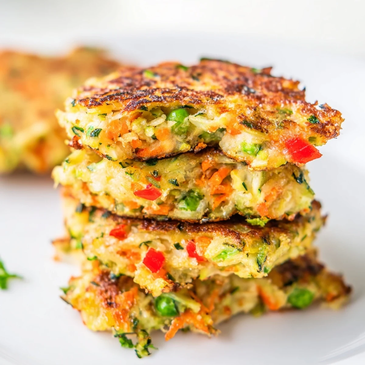 Homemade crispy vegetable fritters pan-fried to golden perfection with colorful grated vegetables