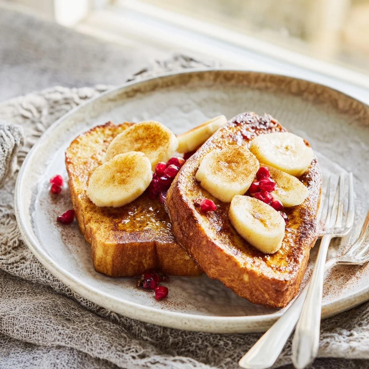 Golden brown vegan French toast slices dusted with powdered sugar and fresh berries
