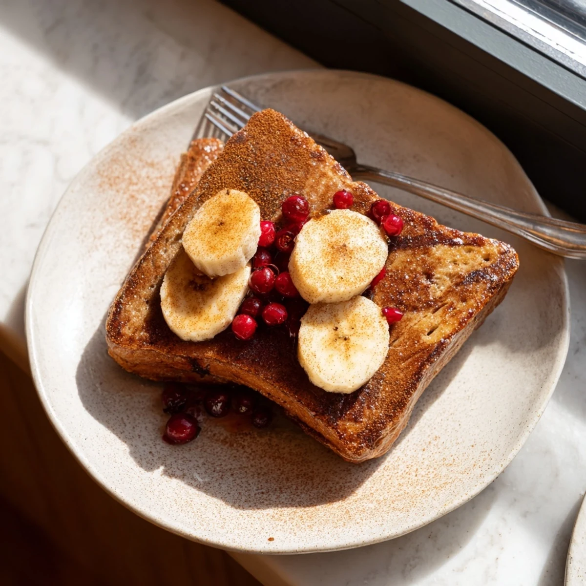 Dairy-free vegan French toast stacked high topped with sliced bananas and warm syrup