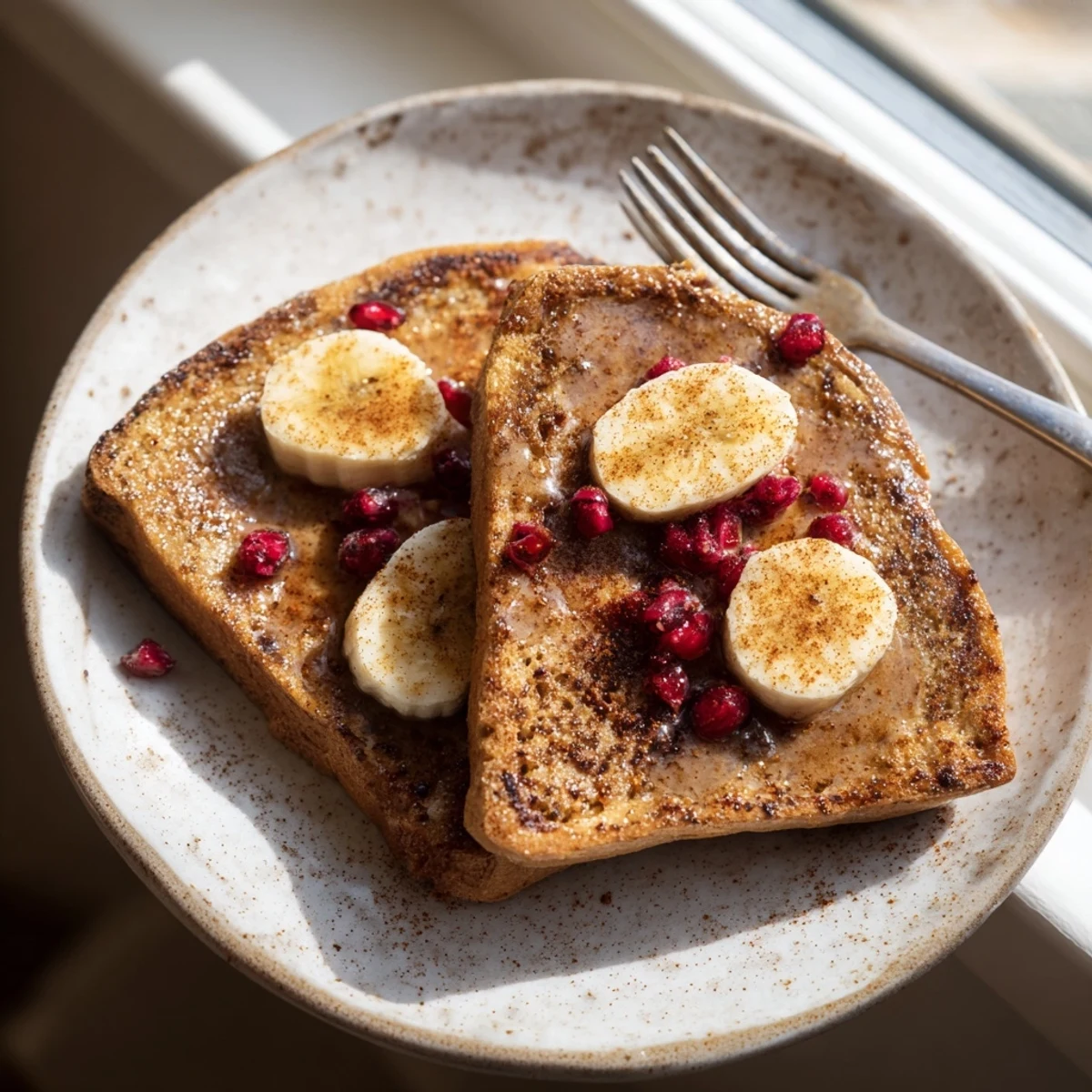 Plant-based vegan French toast with maple syrup drizzle and cinnamon-spattered crispy edges