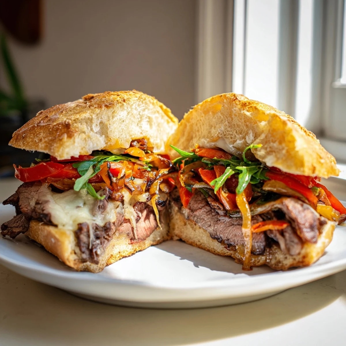 Savory hearty steak sandwich featuring tender seared ribeye, fresh arugula, tomato slices, and tangy Dijon mayonnaise