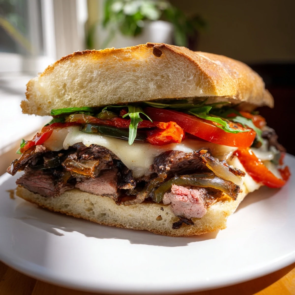 Hearty steak sandwich stacked with juicy sliced beef, melted provolone cheese, and caramelized onions on a toasted crusty roll