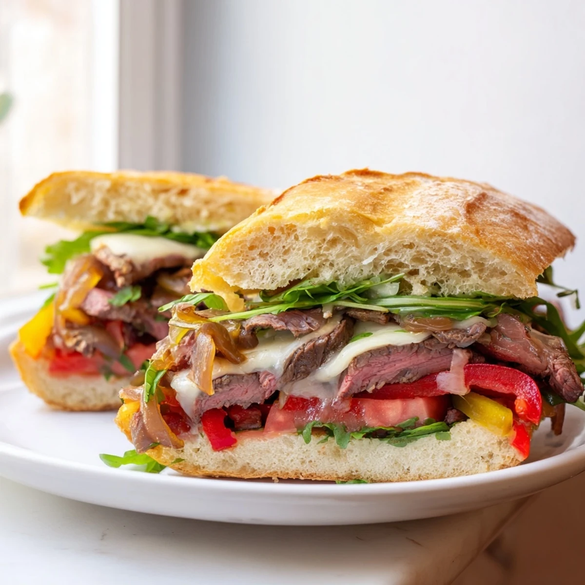 American-style hearty steak sandwich loaded with peppers, gooey Swiss cheese, and thinly cooked steak on buttered baguette