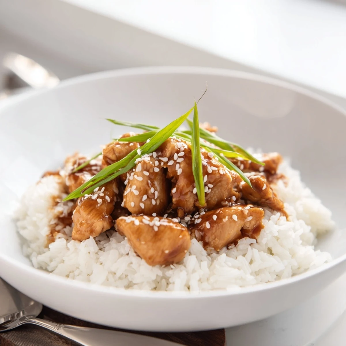 Golden glazed chicken teriyaki pieces coated in thick savory sauce over fluffy white rice