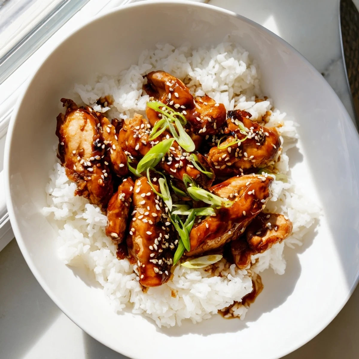 Tender chicken pieces simmered in rich sweet teriyaki sauce garnished with sesame seeds and green onions