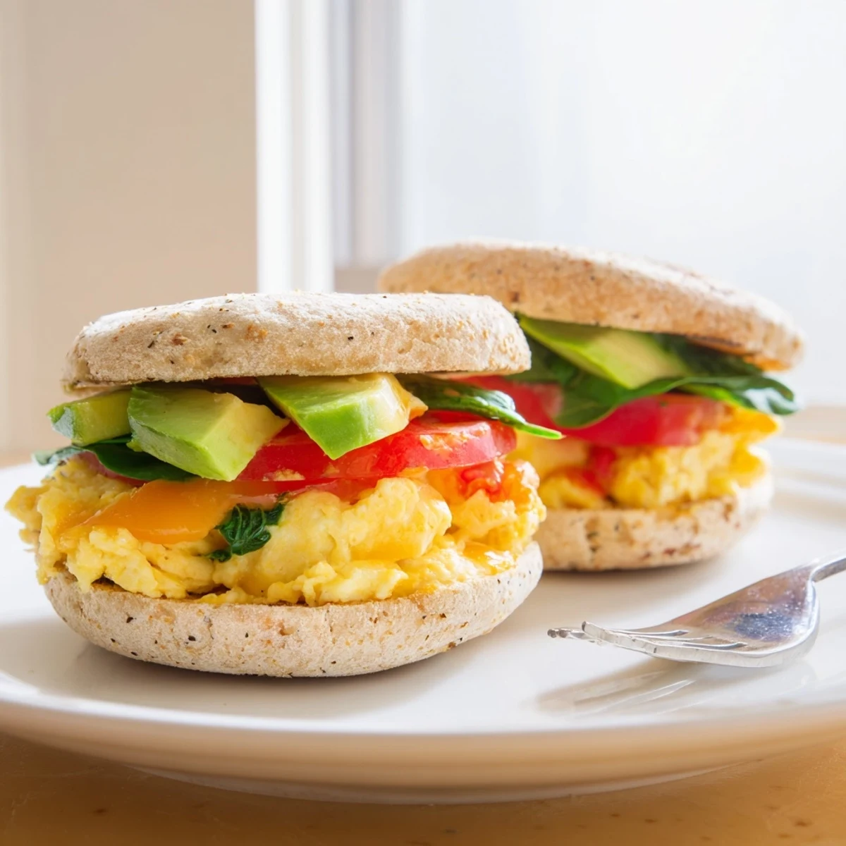 Golden stacked healthy breakfast sandwich with fluffy scrambled eggs, ripe avocado slices and melted cheddar