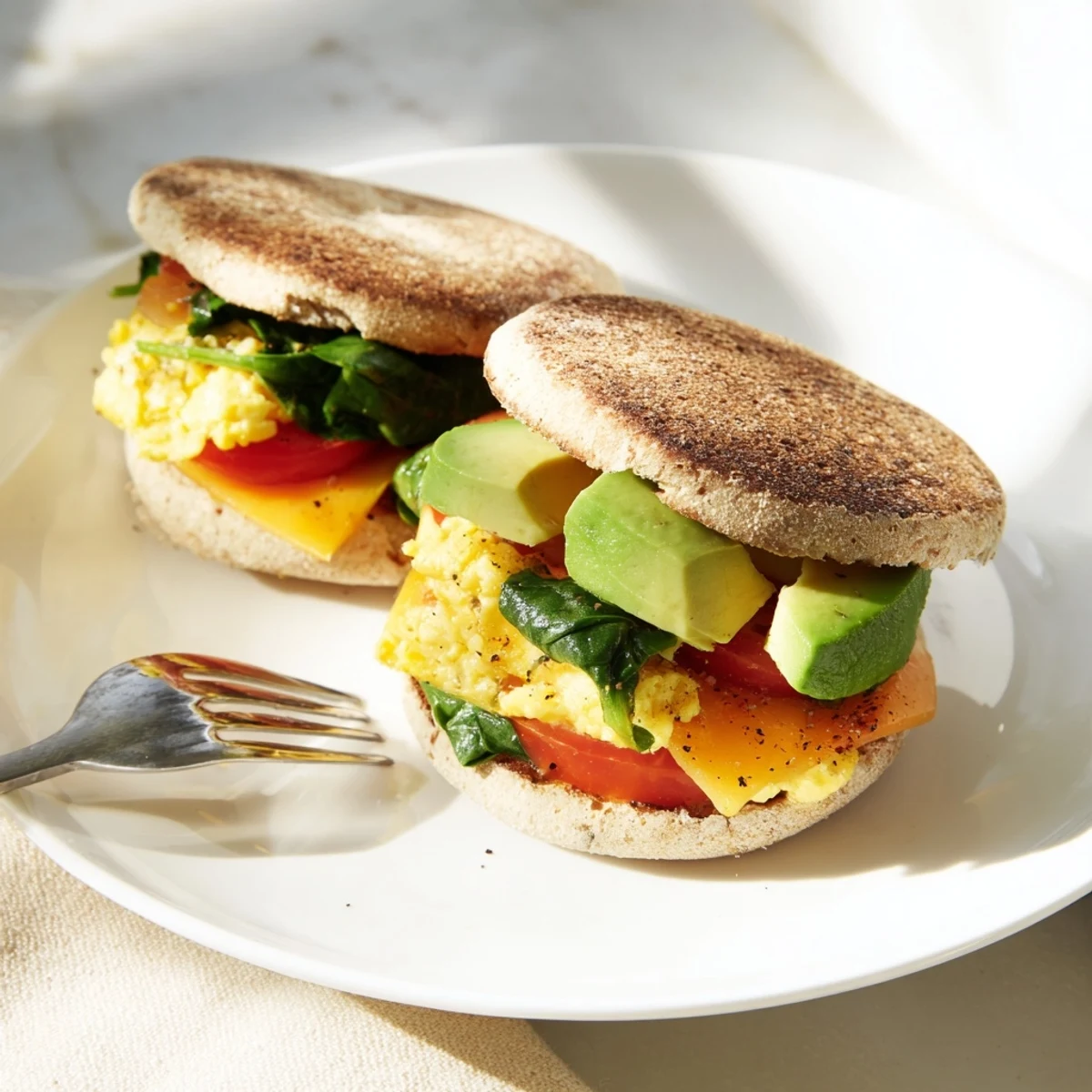 Whole grain English muffin breakfast sandwich layered with fresh spinach, tomato and protein-packed scrambled eggs