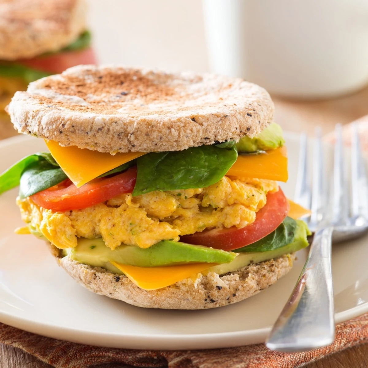 Cut healthy breakfast sandwich revealing creamy avocado, cheese and vegetables between toasted whole grain muffin halves