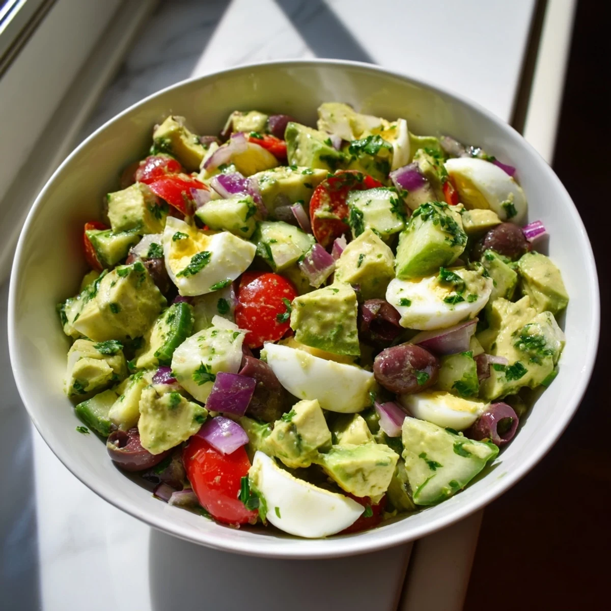 Creamy Mediterranean avocado egg salad with ripe avocado chunks, chopped eggs, and colorful diced vegetables