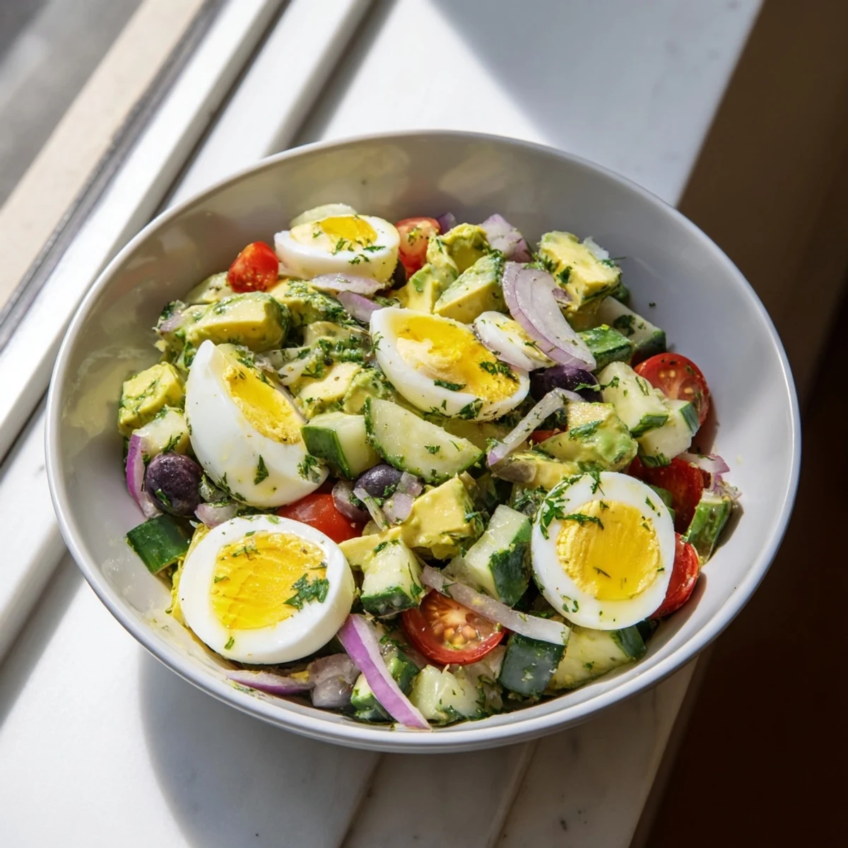 Fresh bowl of zesty Mediterranean avocado egg salad tossed with lemon dressing and vibrant cherry tomatoes