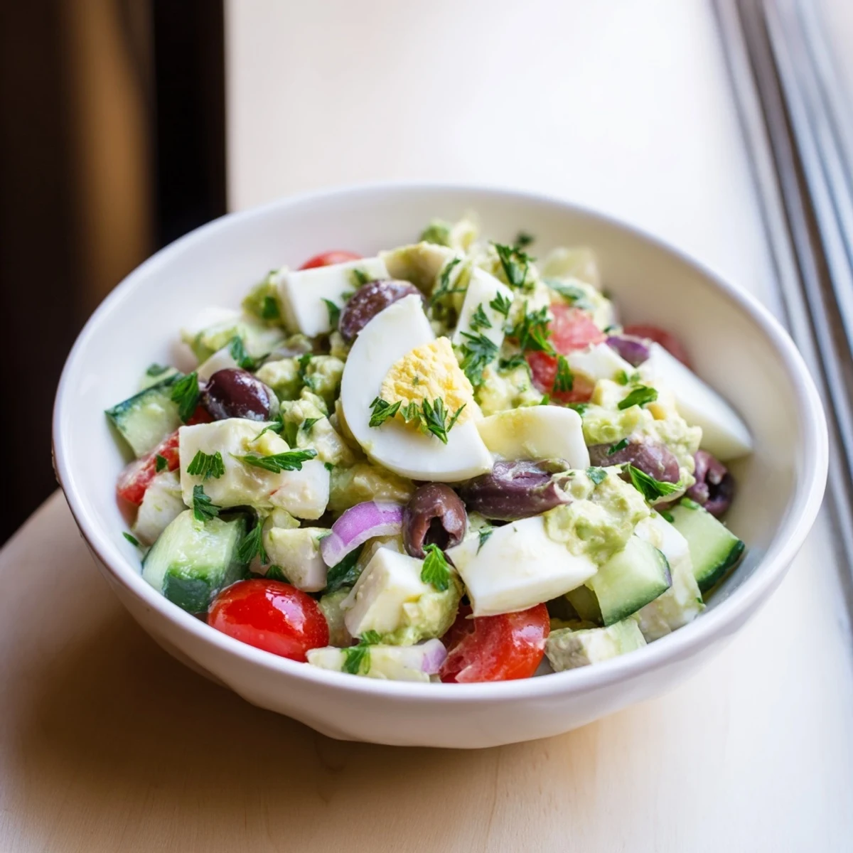 Close-up of Mediterranean avocado egg salad featuring hard-boiled eggs, olives, cucumber, and fresh parsley garnish
