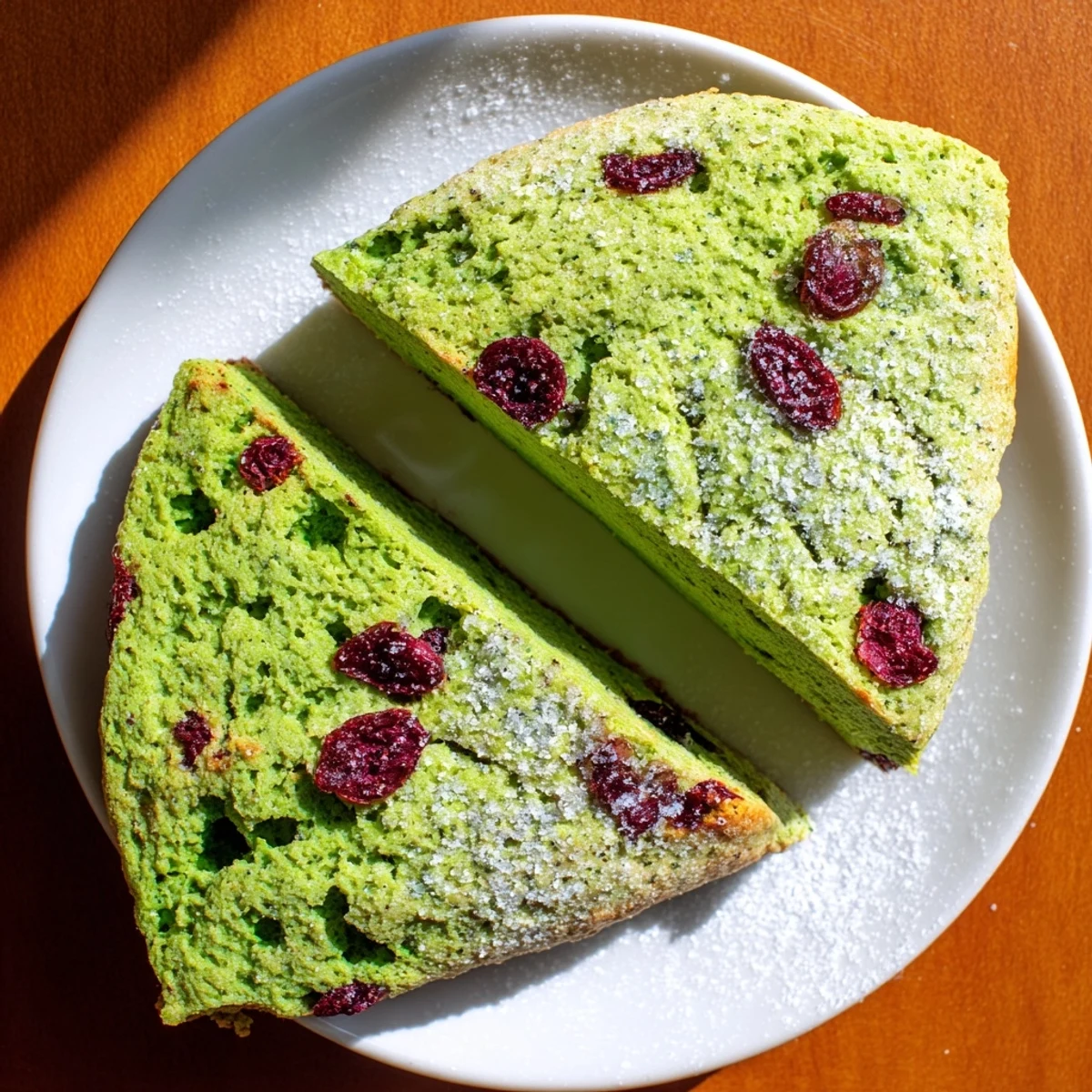 Golden matcha cranberry scones with vibrant green interiors and ruby red cranberry bits