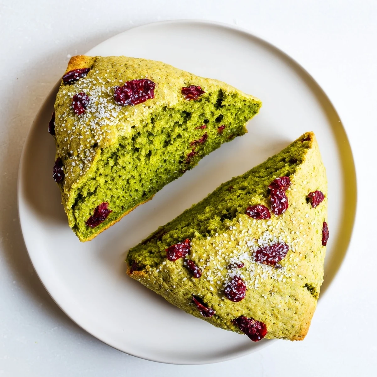 Flaky buttery matcha cranberry scones brushed with milk and sprinkled with coarse sugar