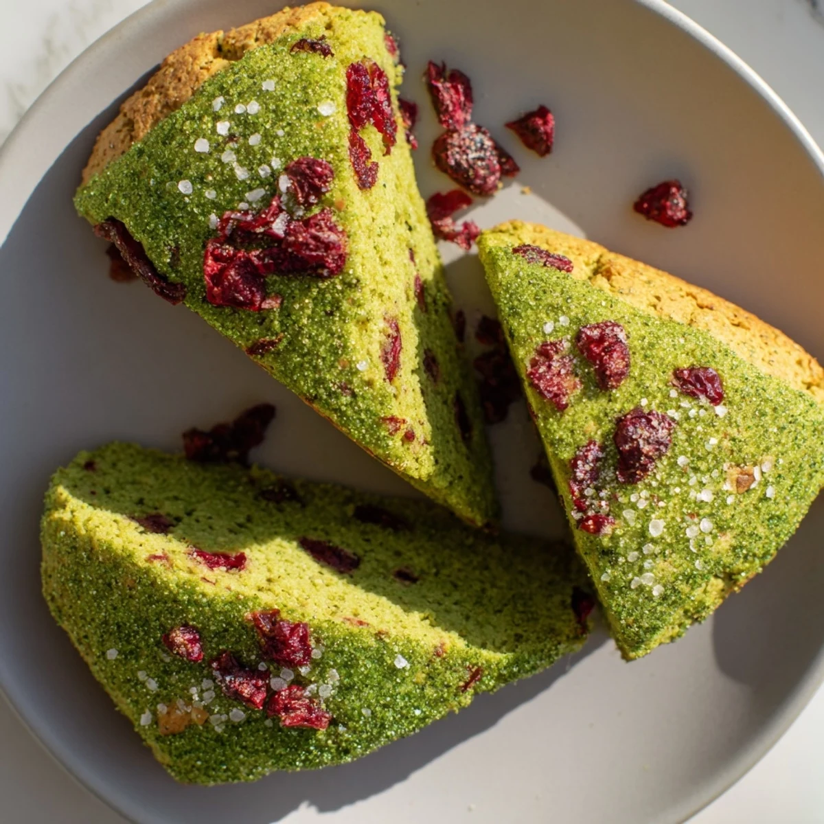 Freshly baked matcha cranberry scones cooling on wire rack ready for tea time