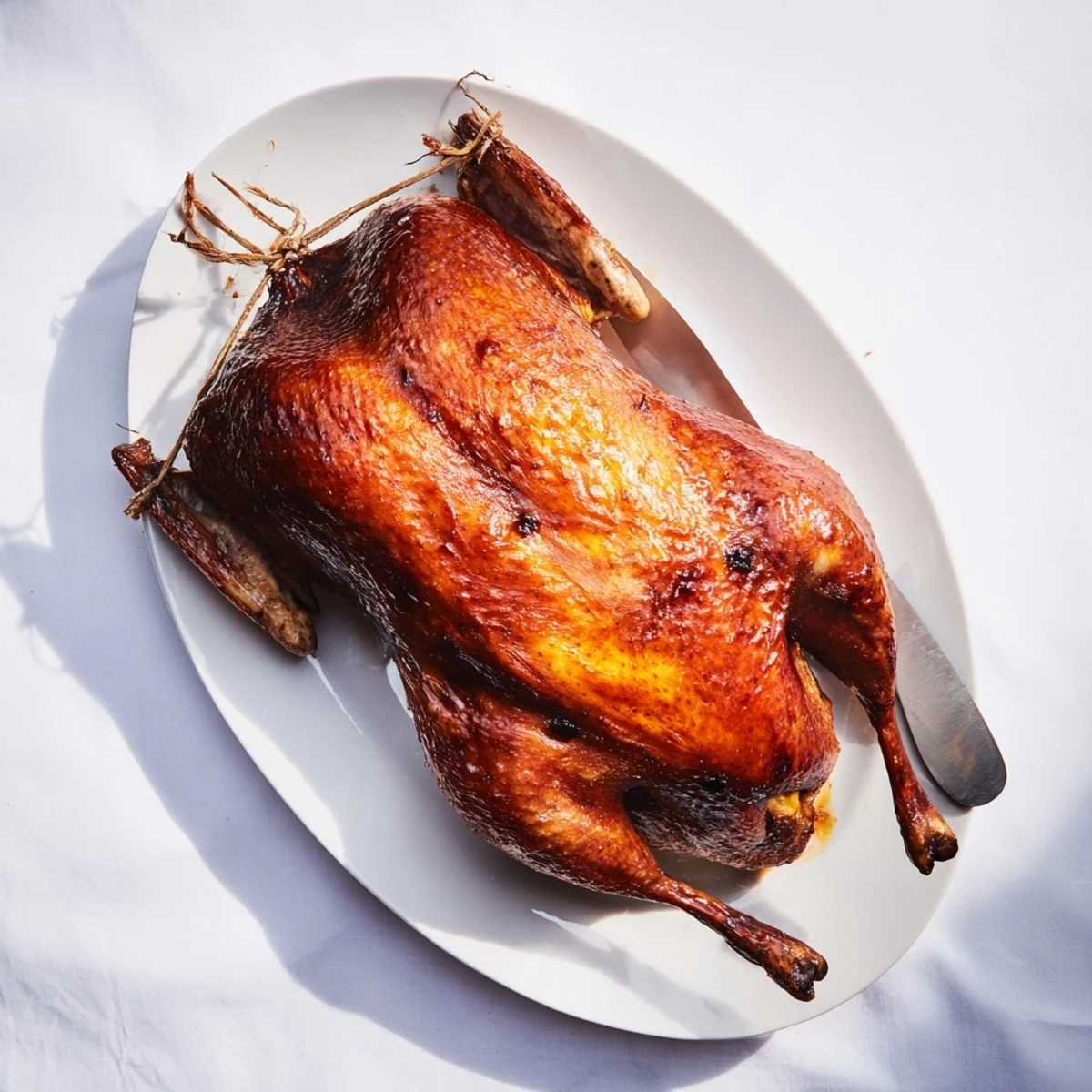 Whole roasted duck seasoned with five-spice blend served on white platter with orange garnish