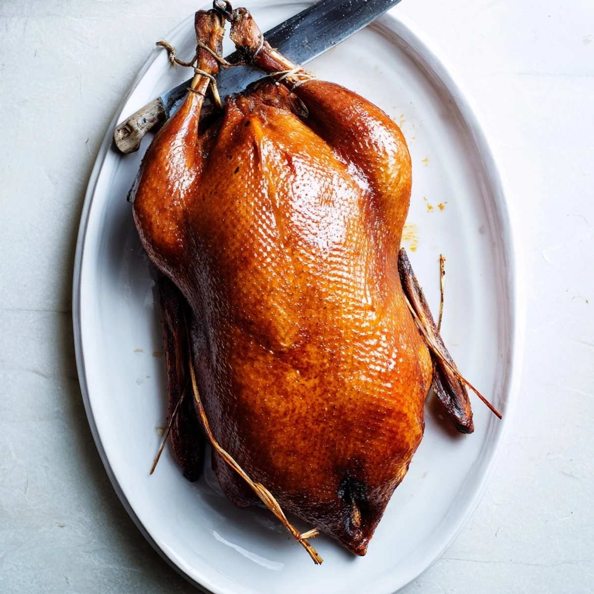 Tender succulent Five Spice Roasted Duck displaying perfectly crisp golden-brown skin and juicy meat