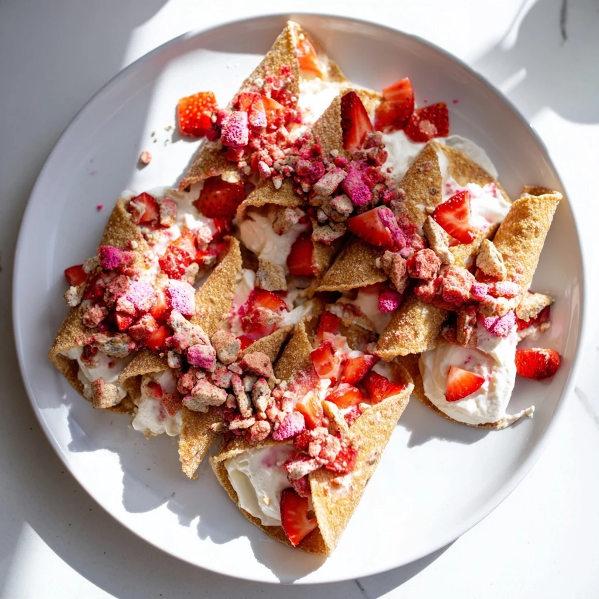 Golden cinnamon-sugar taco shell filled with creamy vanilla cheesecake topped with fresh diced strawberries