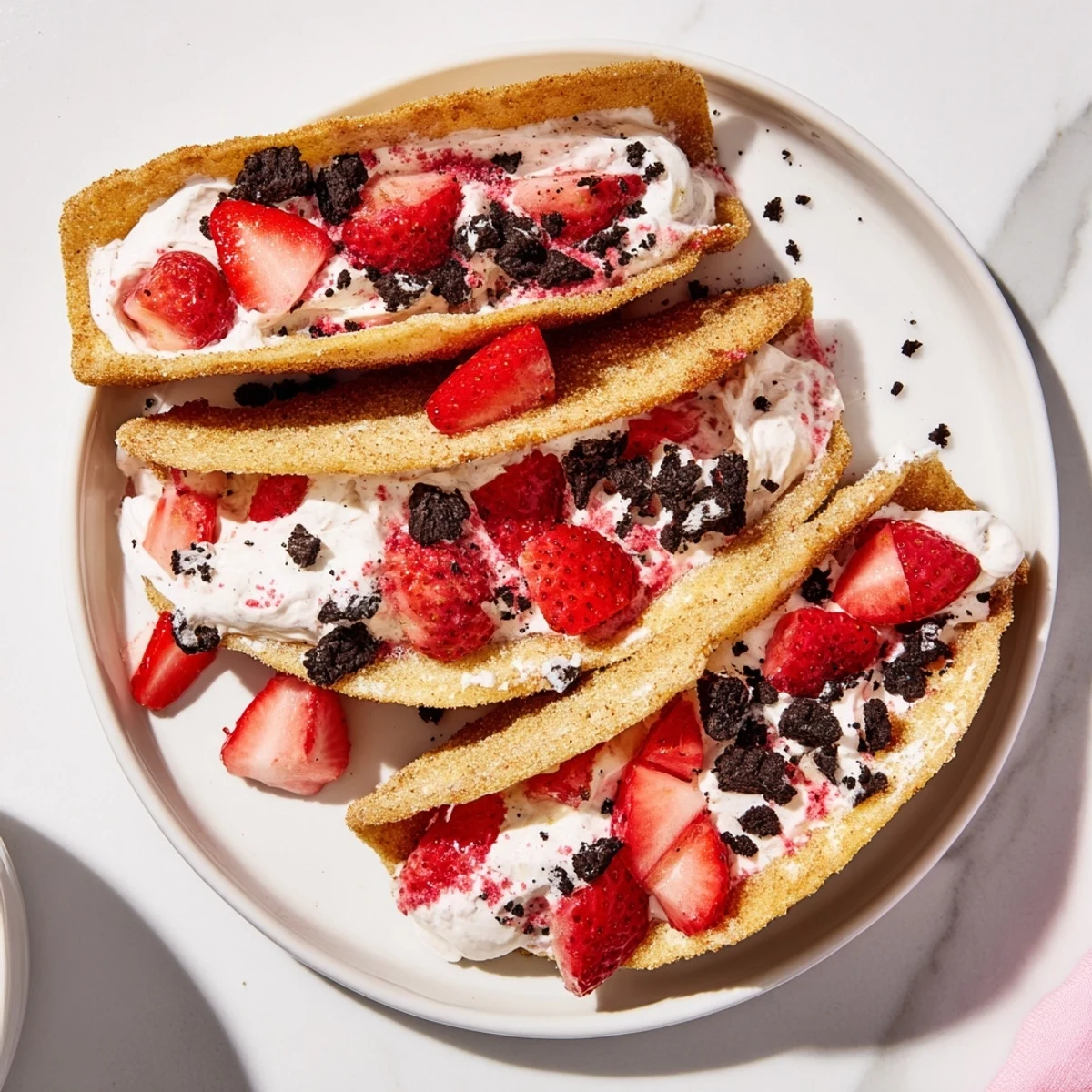 Close-up of strawberry crunch cheesecake taco showing layers of cream cheese fruit and golden topping
