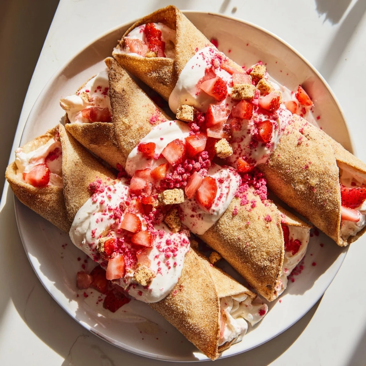 Crispy dessert taco overflowing with fluffy cheesecake filling sweet strawberries and buttery cookie crumble