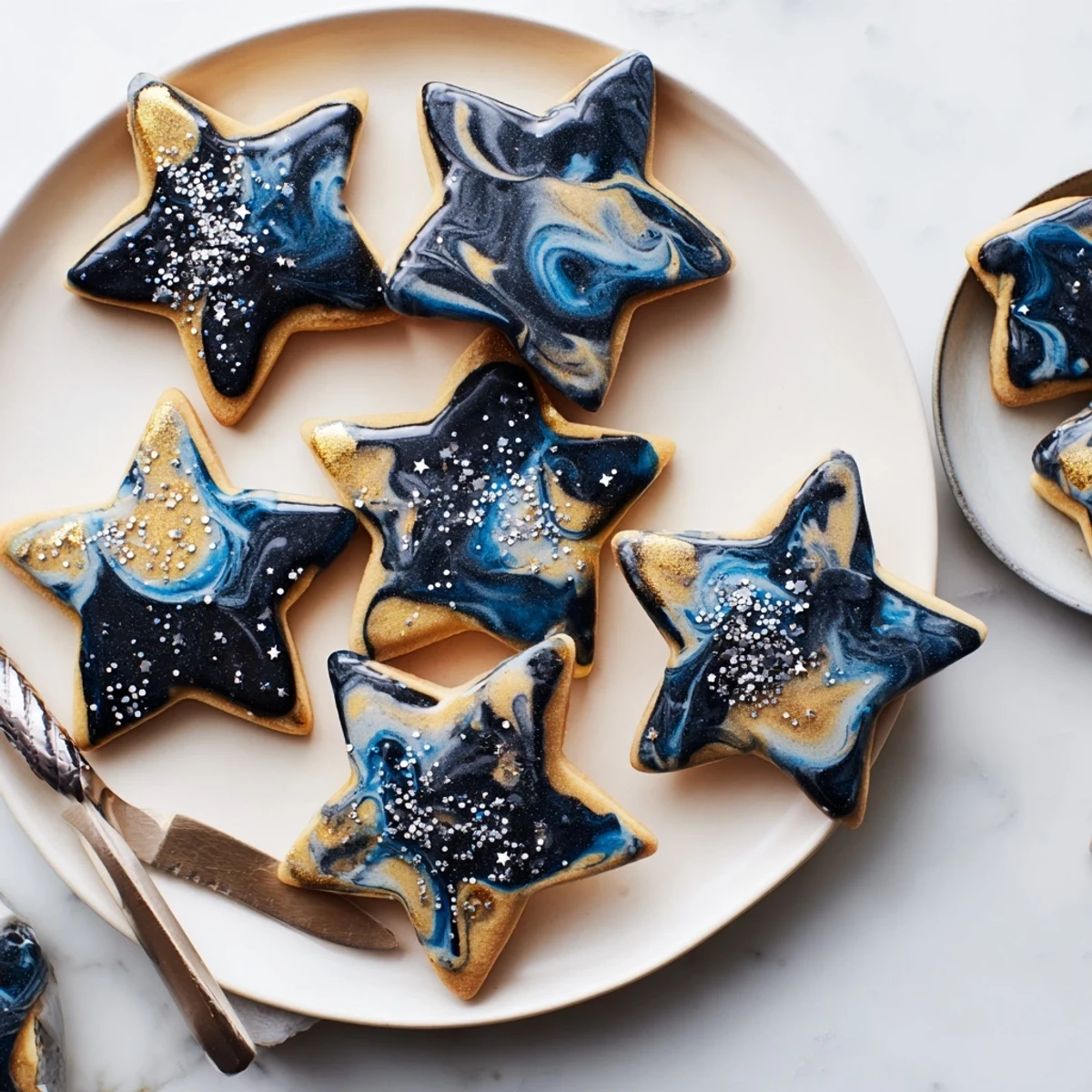 Vanilla Starry Night Sugar Cookies with swirling dark blue icing and sparkling celestial star decorations