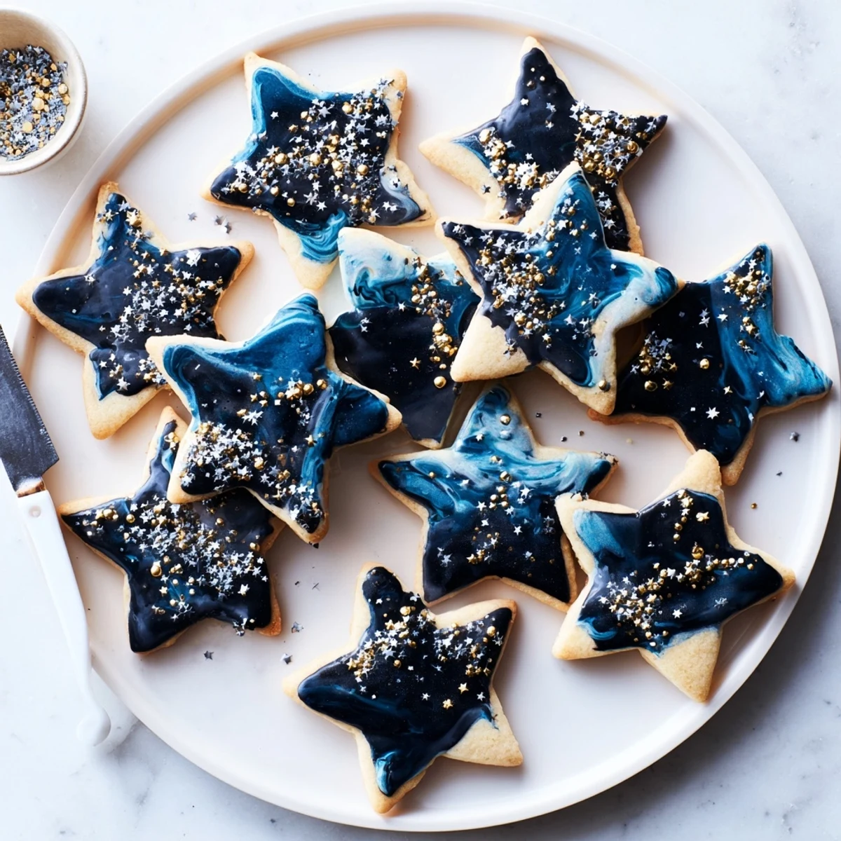 Baked Starry Night Sugar Cookies drizzled with black and blue glaze and festive star sprinkles