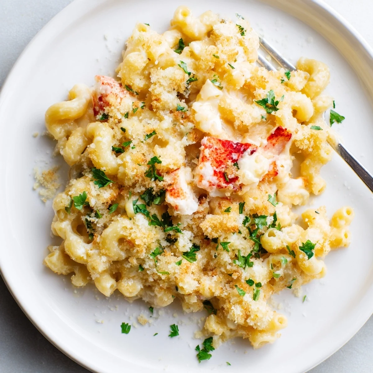 Creamy lobster mac and cheese bubbling in a white baking dish with melted cheese sauce