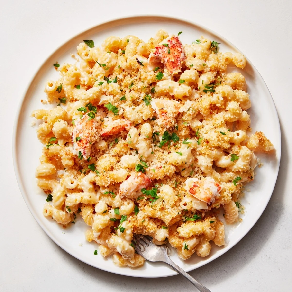 Golden baked garlic butter lobster mac and cheese with crispy panko topping