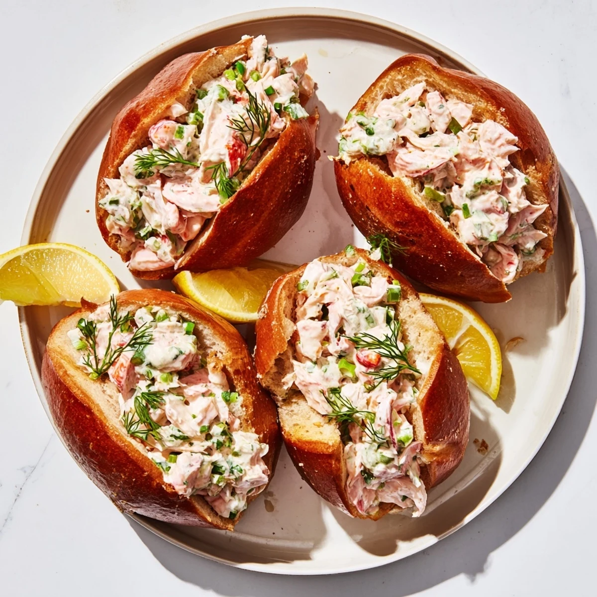 Golden toasted brioche rolls piled high with creamy garlic butter lobster meat filling