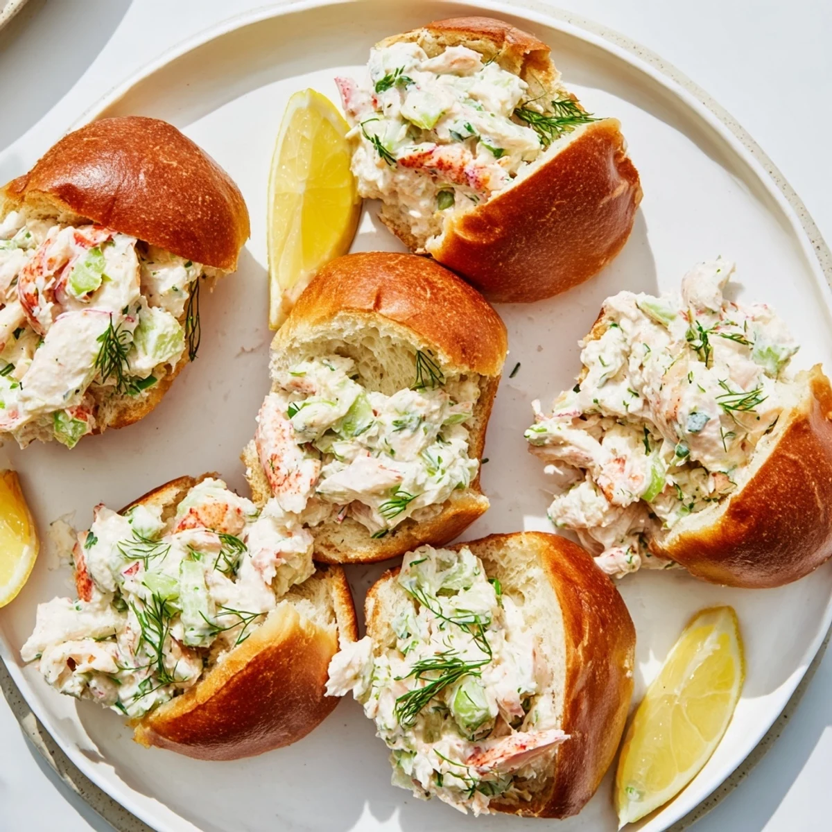 Split top sandwich overflowing with tender lobster chunks in herb mayonnaise on buttery bun