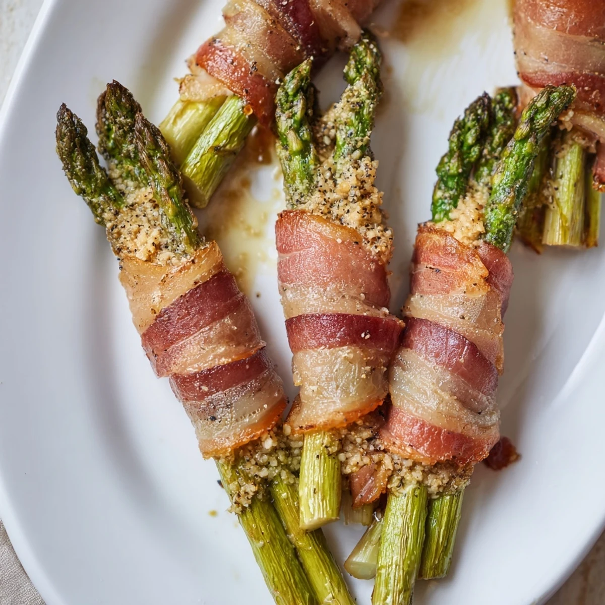 Crispy garlic bacon wrapped asparagus bundles baked to golden perfection on a white serving platter
