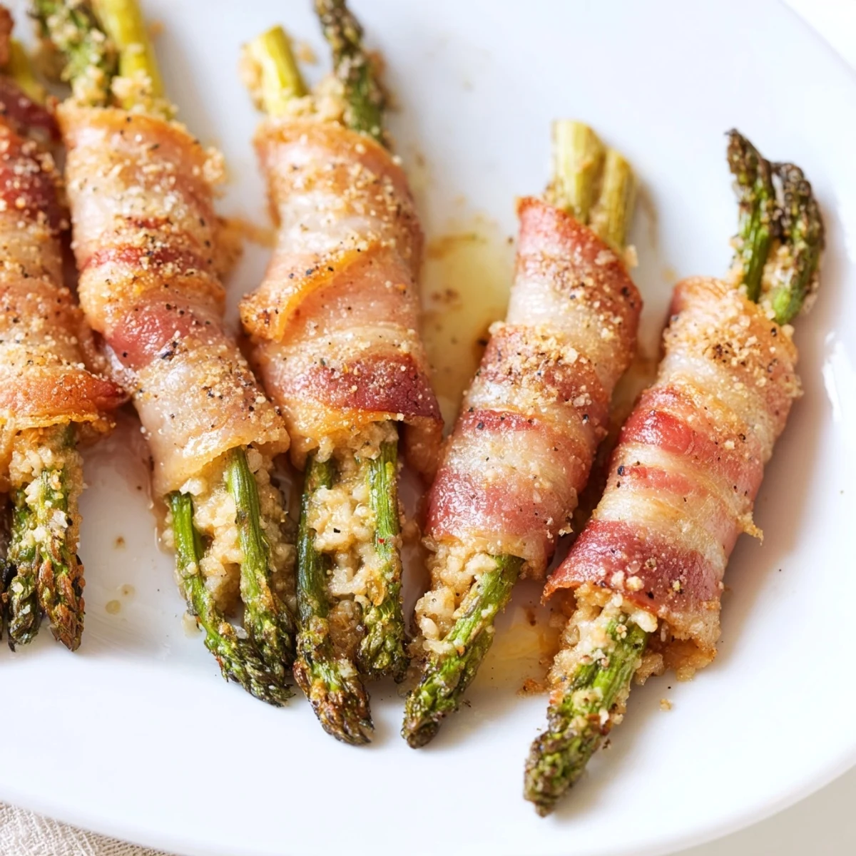 Tender green asparagus spears spiraled in savory bacon with garlic seasoning ready for serving
