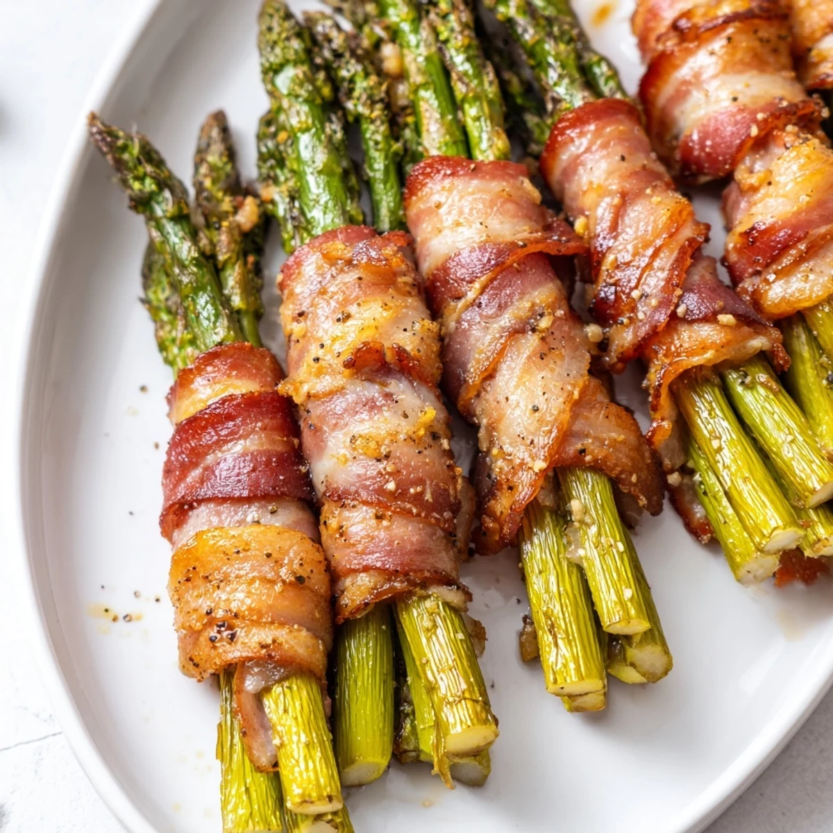 Golden brown bacon wrapped asparagus appetizer garnished with fresh herbs on a rustic wooden board