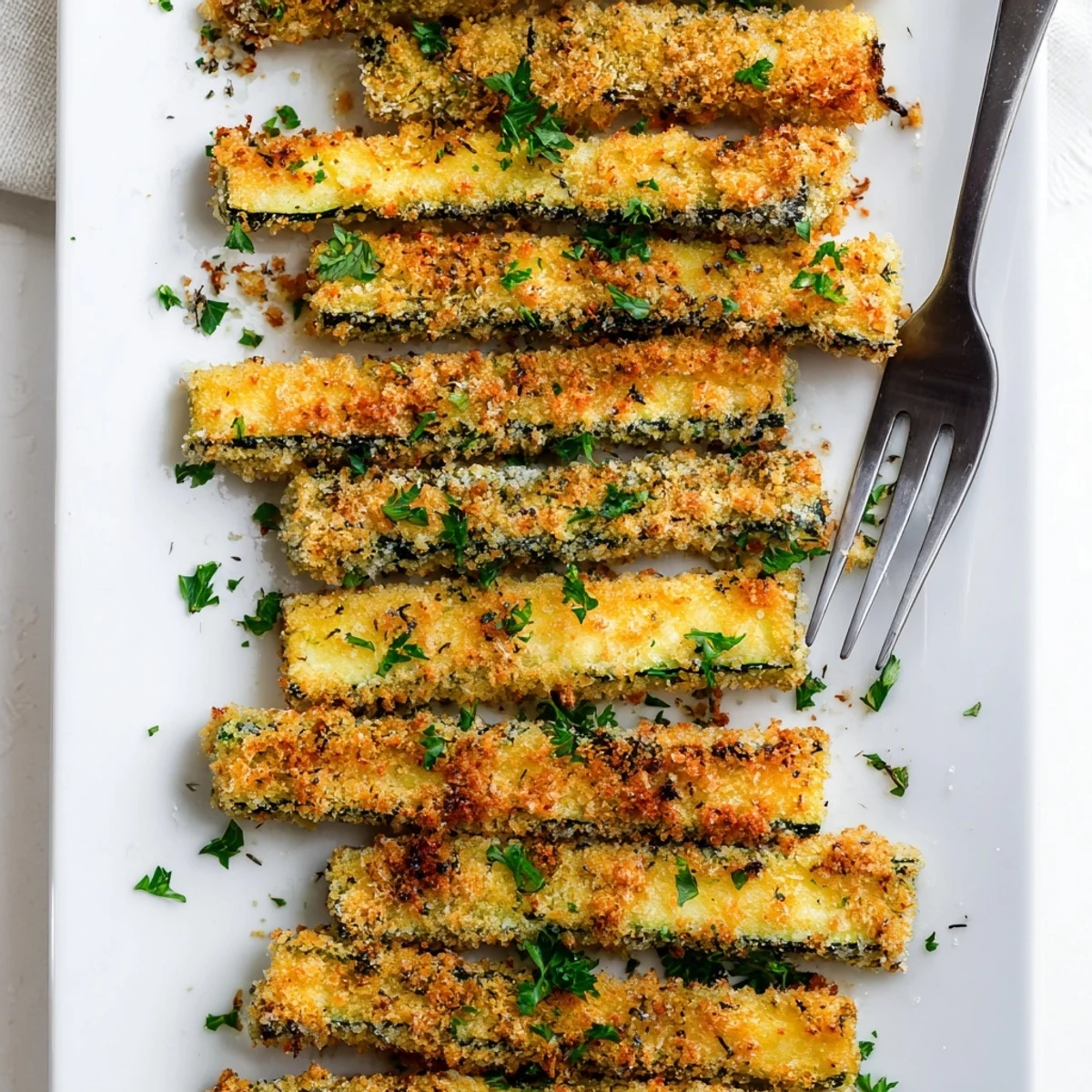 Golden brown crispy baked keto zucchini fries arranged on a white platter with fresh parsley garnish