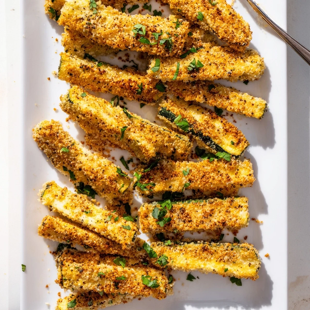 Oven-baked low-carb zucchini fries with crunchy almond parmesan coating served alongside garlic aioli dipping sauce