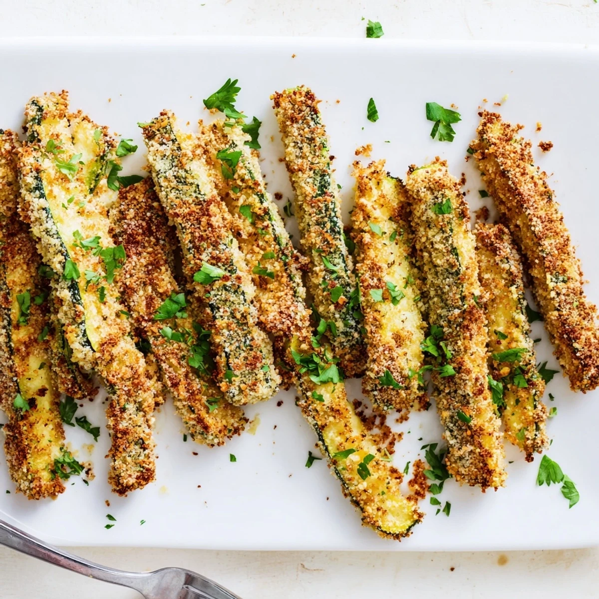 Perfectly crisp keto zucchini fries showing golden texture on parchment paper ready for healthy snacking