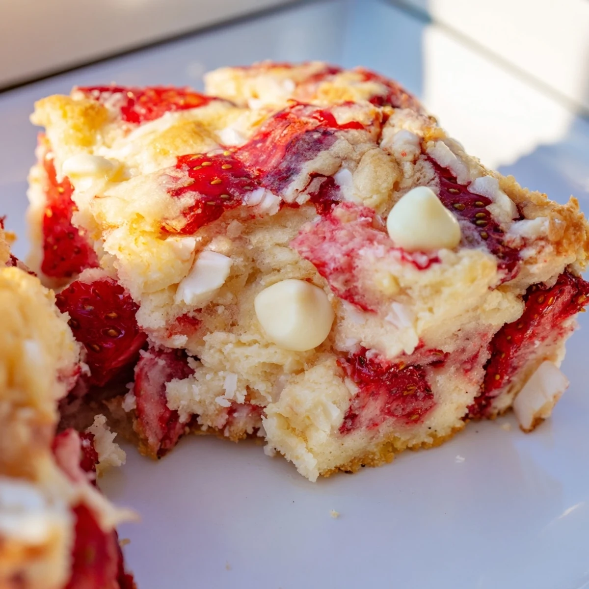 Gooey strawberry earthquake cake with cream cheese swirls and marbled cracked top baked in a 9x13 pan