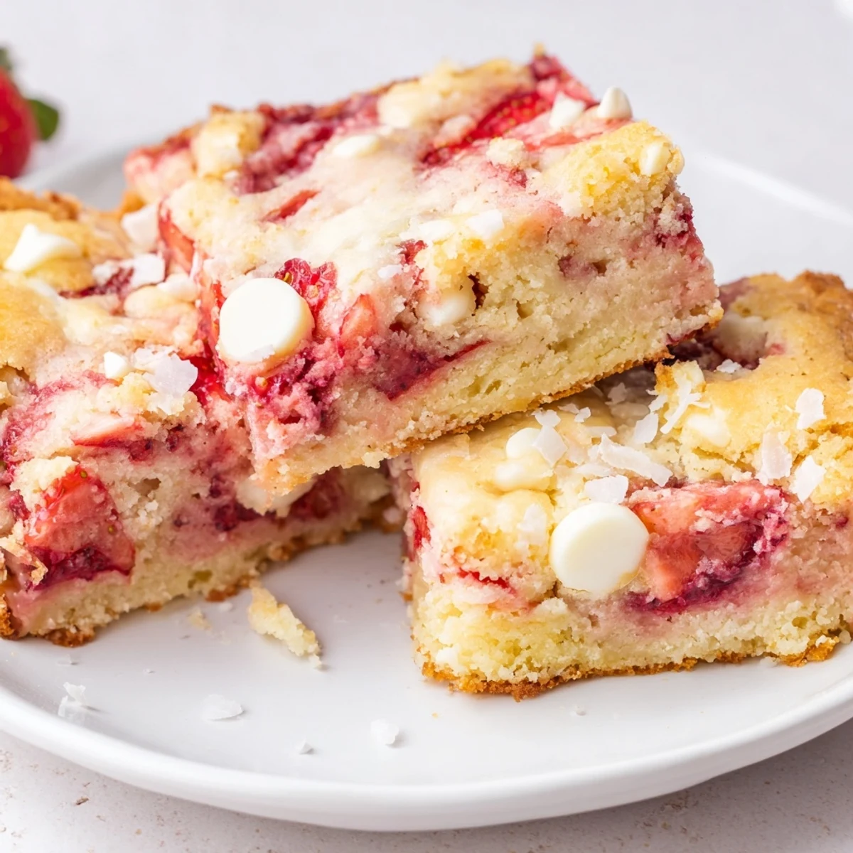 Sliced strawberries and white chocolate chips topping this irresistible strawberry earthquake cake with creamy vanilla frosting swirls
