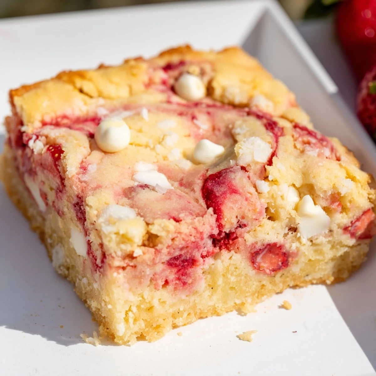 Warm slice of strawberry earthquake cake showing gooey cream cheese pockets and fresh strawberry pieces on a serving plate