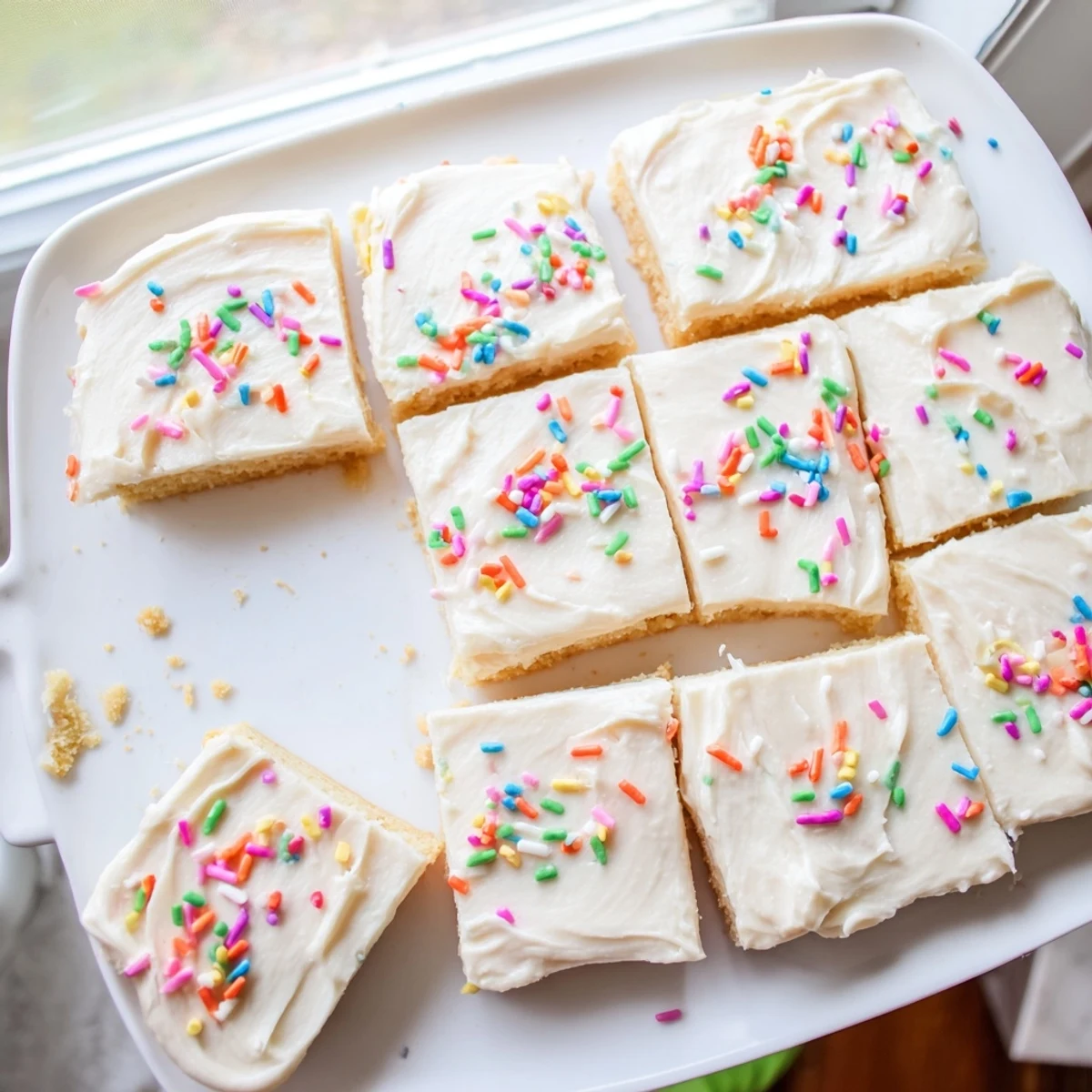 Soft baked sugar cookie bars spread with creamy white frosting and colorful sprinkles