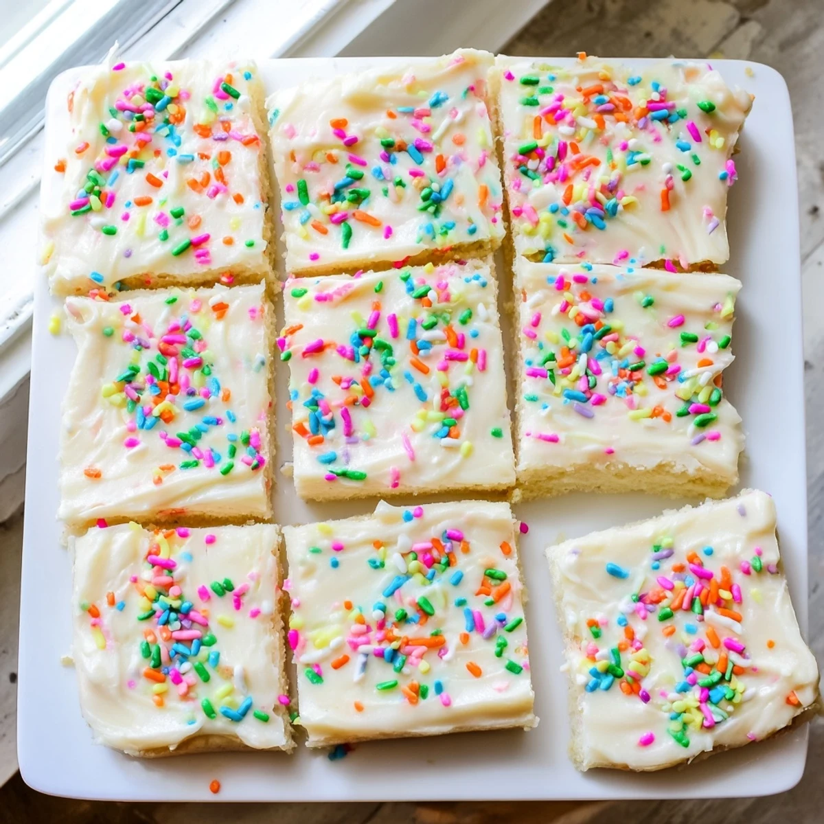 Thick buttery sugar cookie bars topped with smooth vanilla frosting and festive rainbow sprinkles
