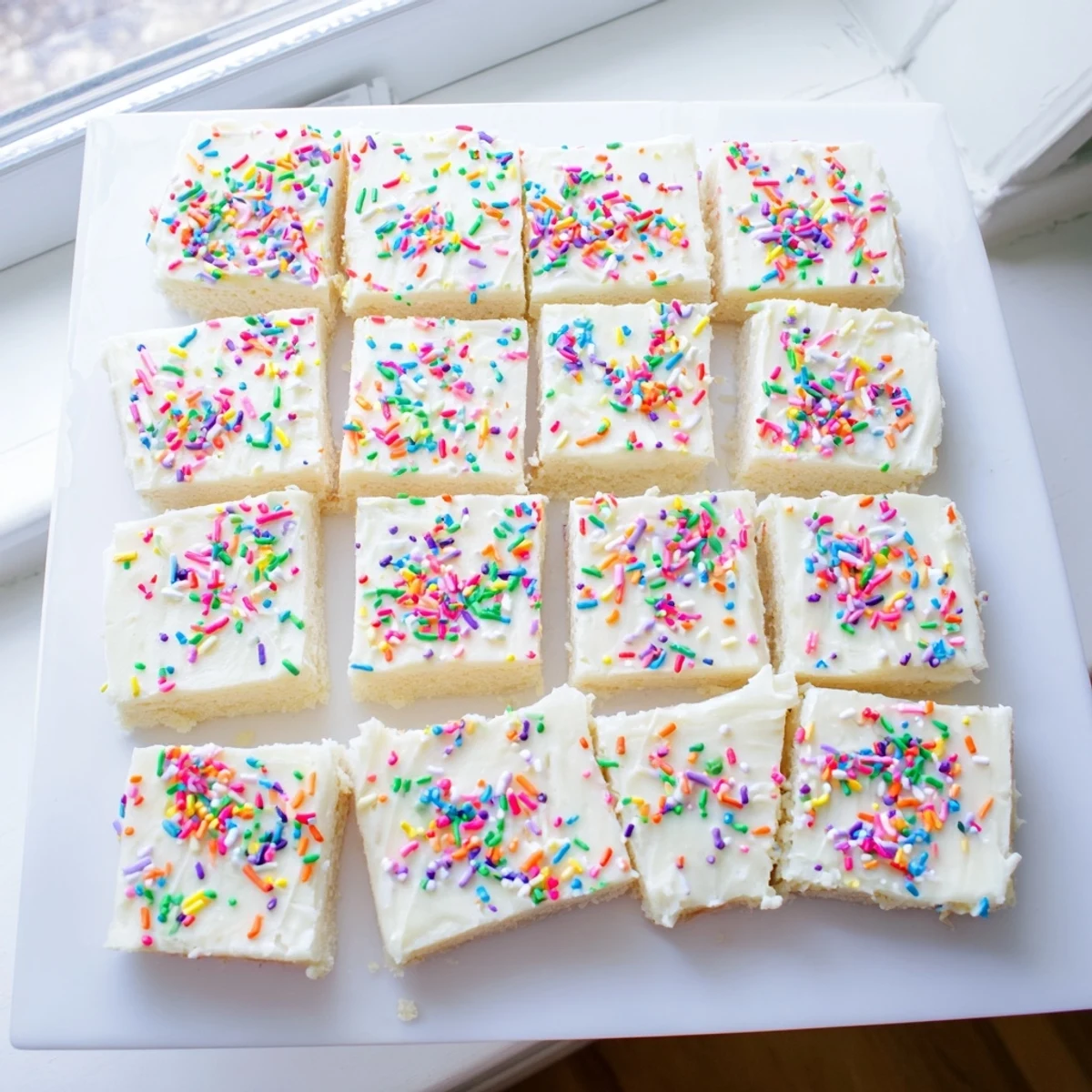 Golden sugar cookie bars layered with fluffy buttercream frosting and sweet sprinkles for parties