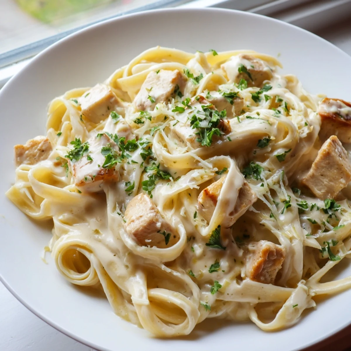 Golden brown chicken pieces nestled in fettuccine coated with rich creamy garlic Parmesan sauce